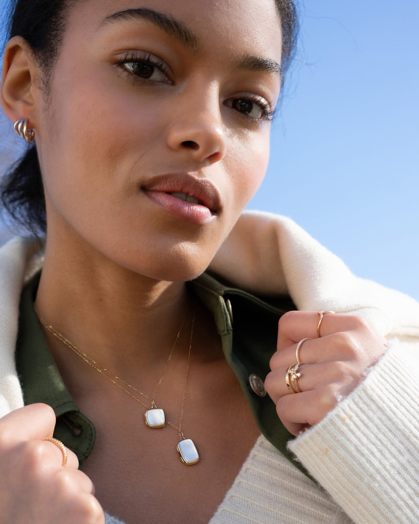 Slim Britt Gold Locket Necklace with Mother of Pearl - Image 2